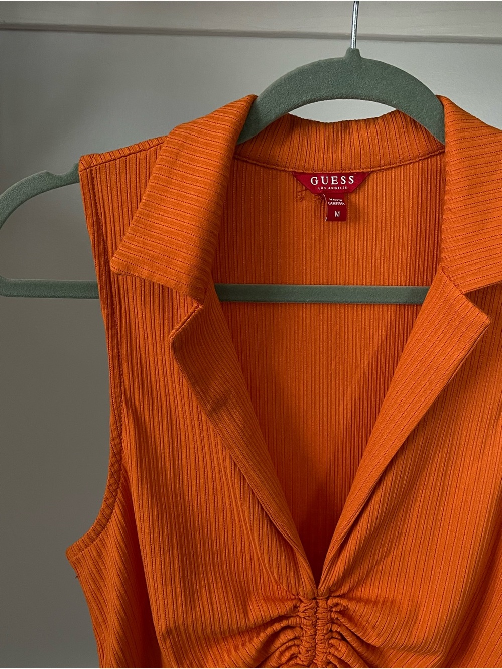 Y2K Western GUESS Orange Sleeveless Ruched V-Neck Collared Top Coastal Cowgirl - Picture 2 of 7